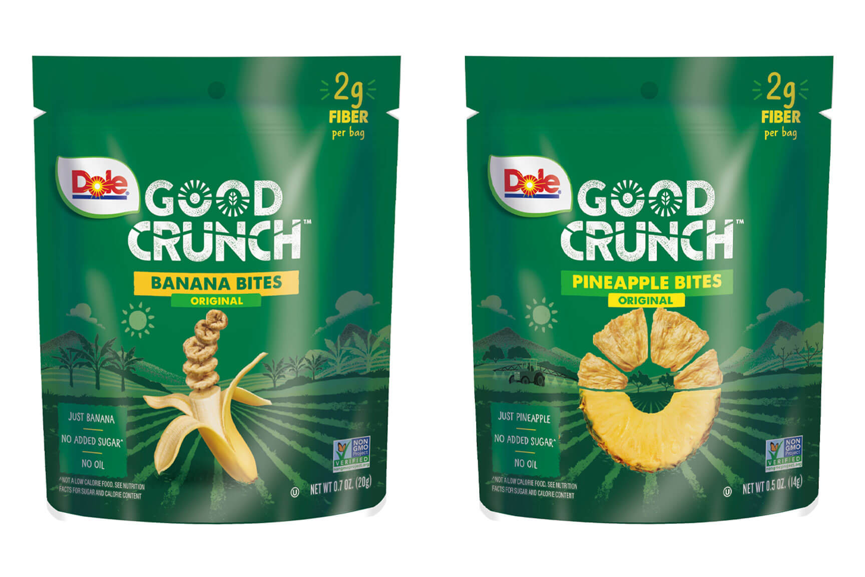 （左）Dole Good Crunch　オリジナルバナナのパッケージ（右）Dole Good Crunch　オリジナルパインアップルのパッケージ